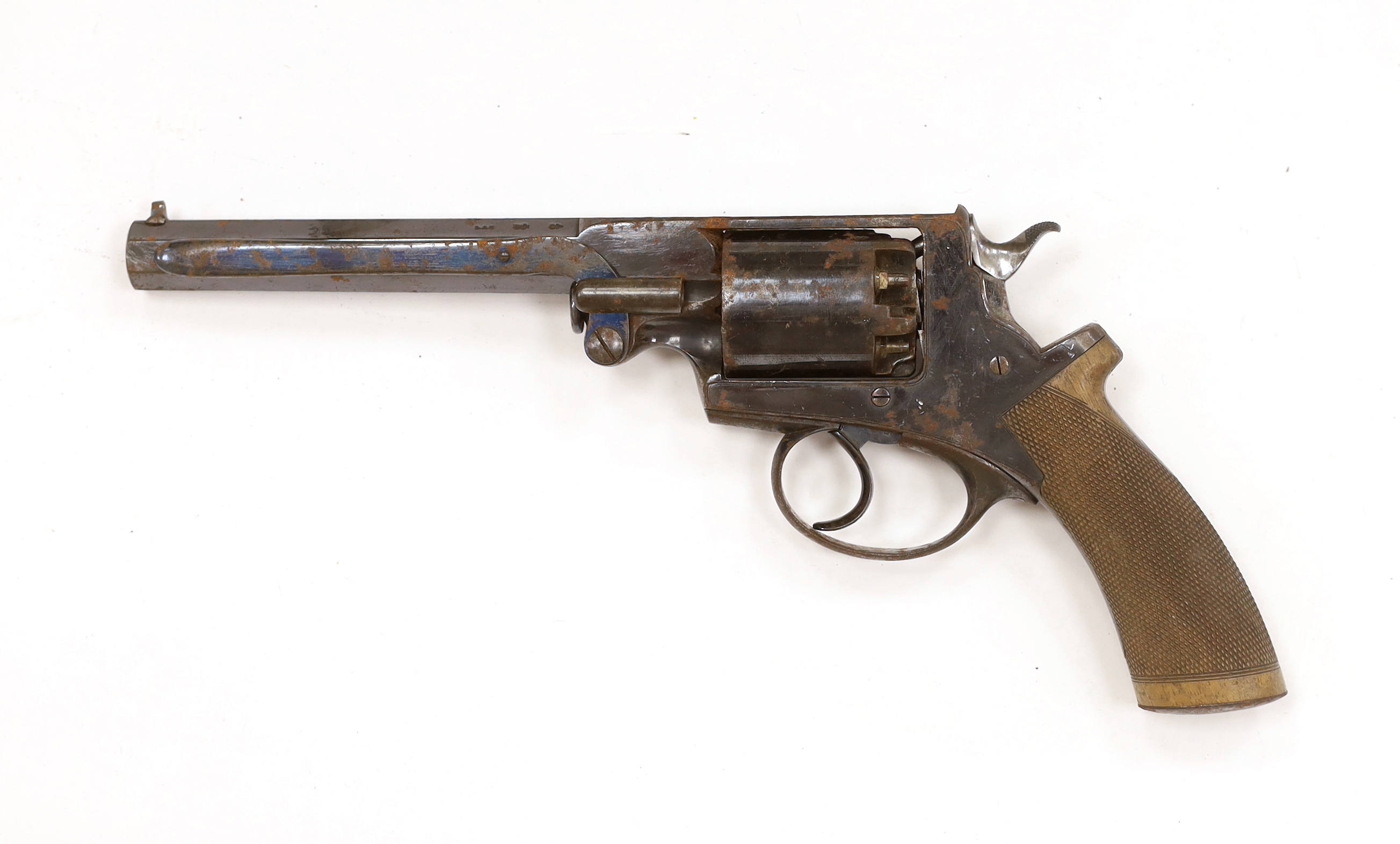 A five shot 38 bore Beaumont Adams patent double action percussion Dragoon pistol, retaining much of its original blued finish, top strap engraved Robert Adams 76 King William Street London